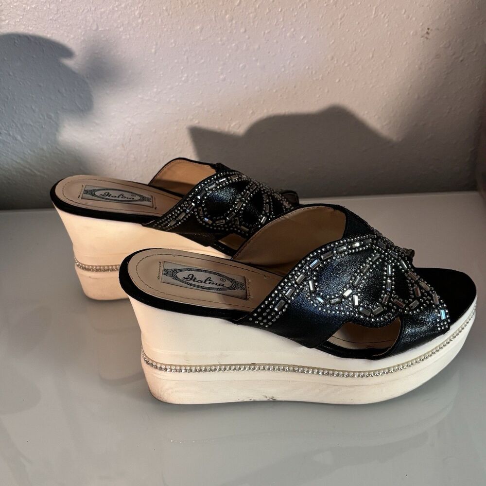 Italina Shoemakers Black Rhinestone Platform Wedge‎ Slide Sandals Womens EU 38 - Picture 2 of 6